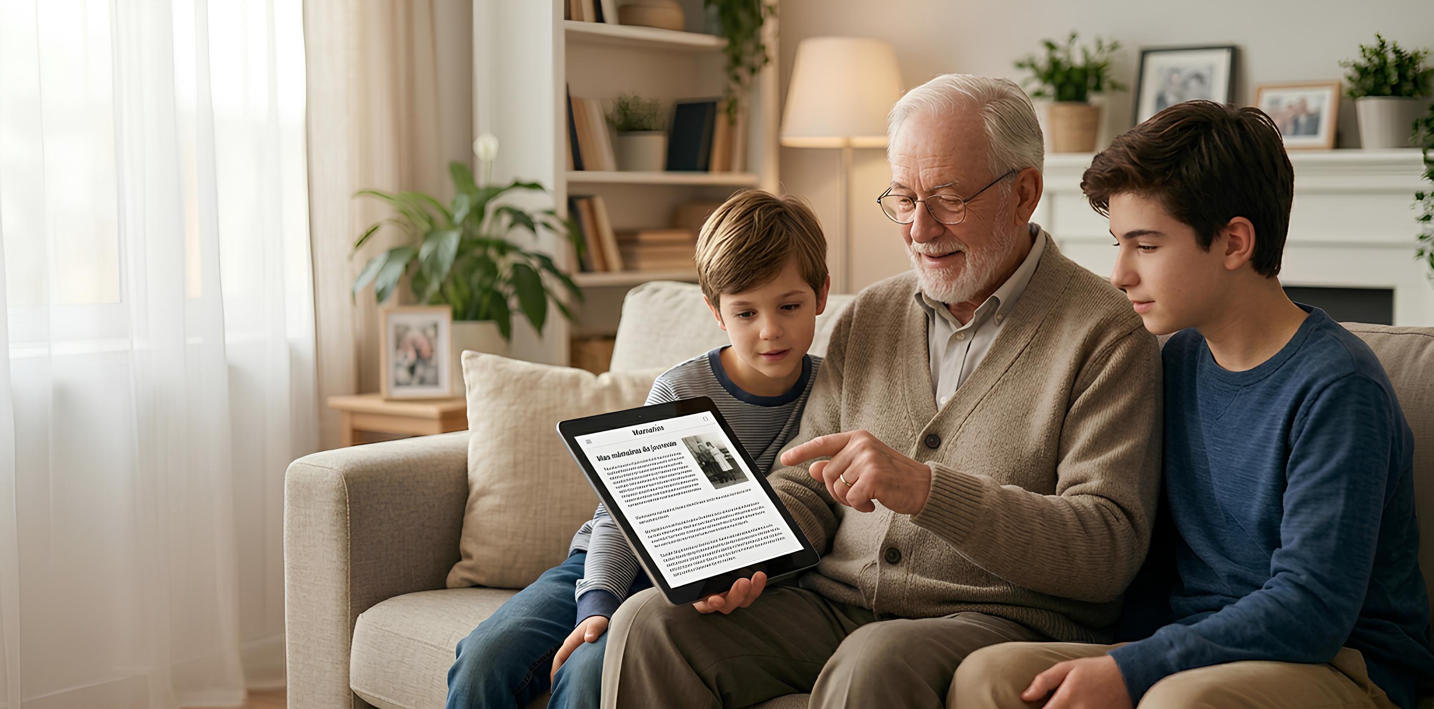 Un grand-père partage de vieux souvenirs de famille avec ses petits-enfants sur une tablette